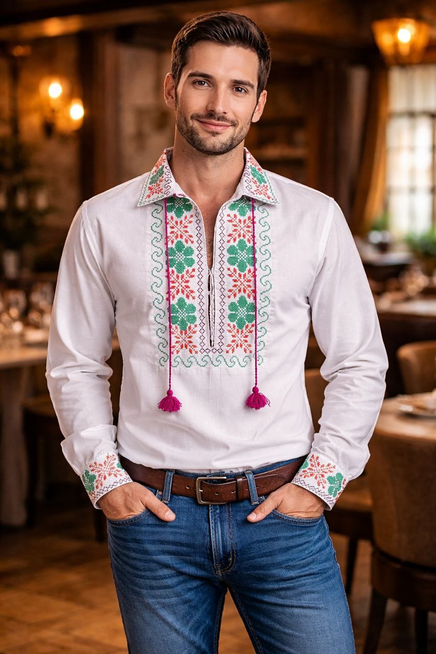 Moldovan women linen shirt, white floral cross-stitch embroidery, red tassel, BUDJAKFOLK