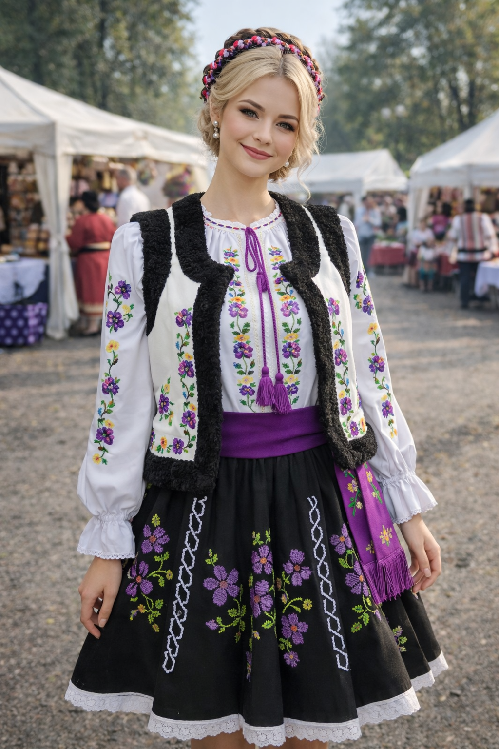 Moldovan women's folk costume, black vest, burgundy embroidered skirt, BUDJAKFOLK