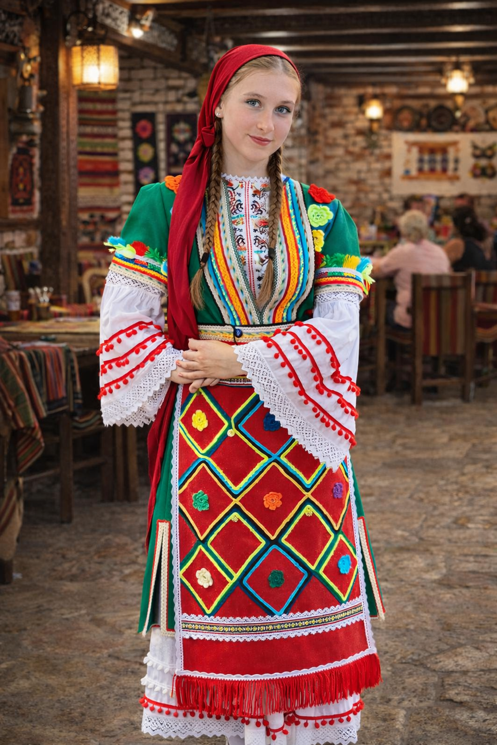 Bulgarian Pirinska folk costume green red diamond apron, BUDJAKFOLK crafted