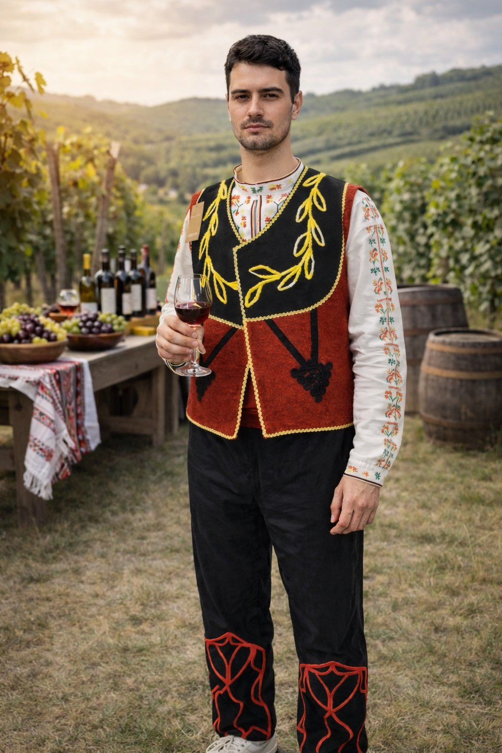 Bulgarian Thracian men's folk costume, dark vest yellow vine embroidery, BUDJAKFOLK