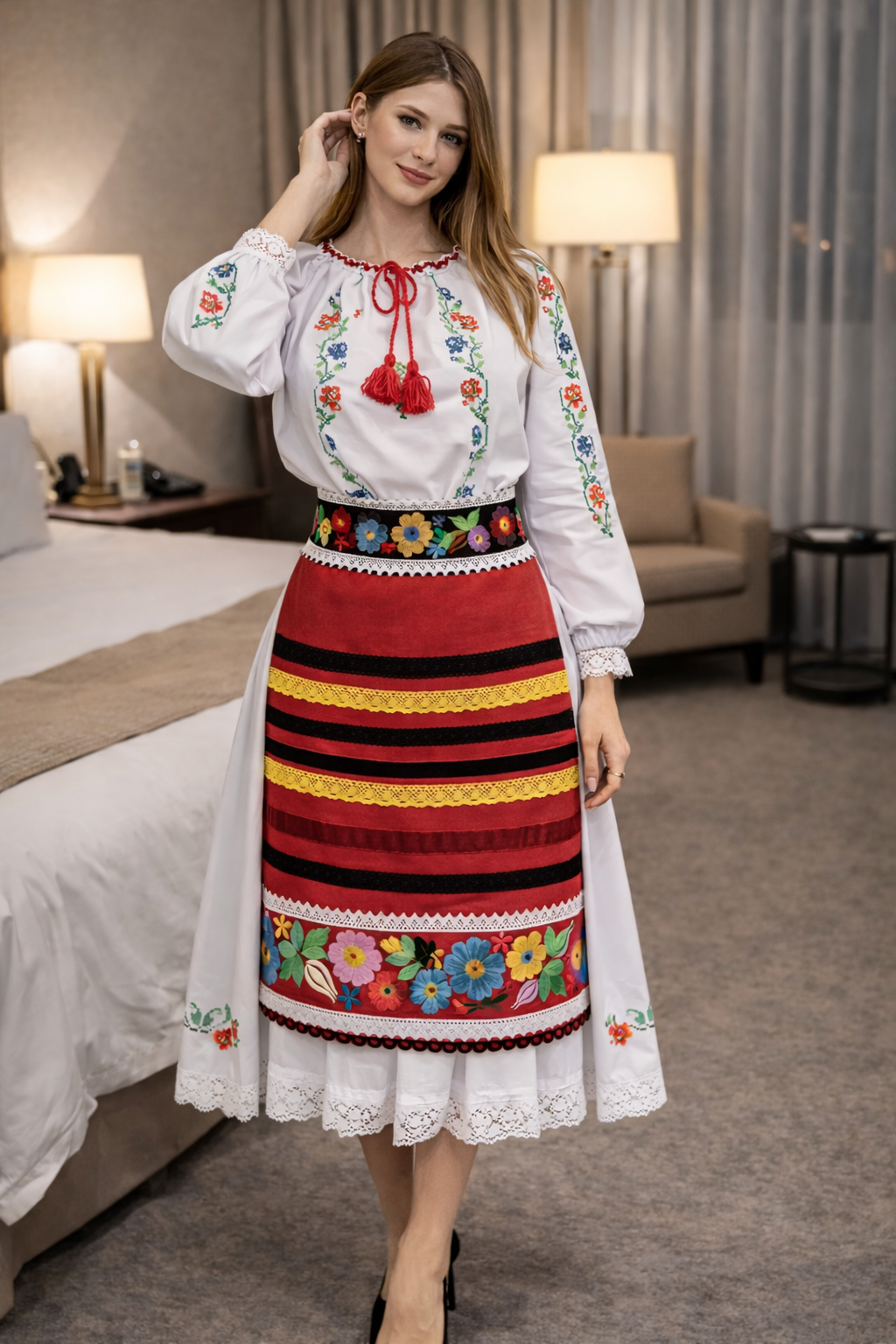 Moldovan women's folk costume, white embroidered blouse, striped skirt with floral border, BUDJAKFOLK