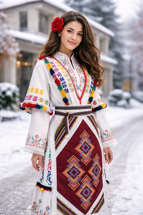 Bulgarian Pirinska folk costume white, colorful embroidery pompom trim, BUDJAKFOLK