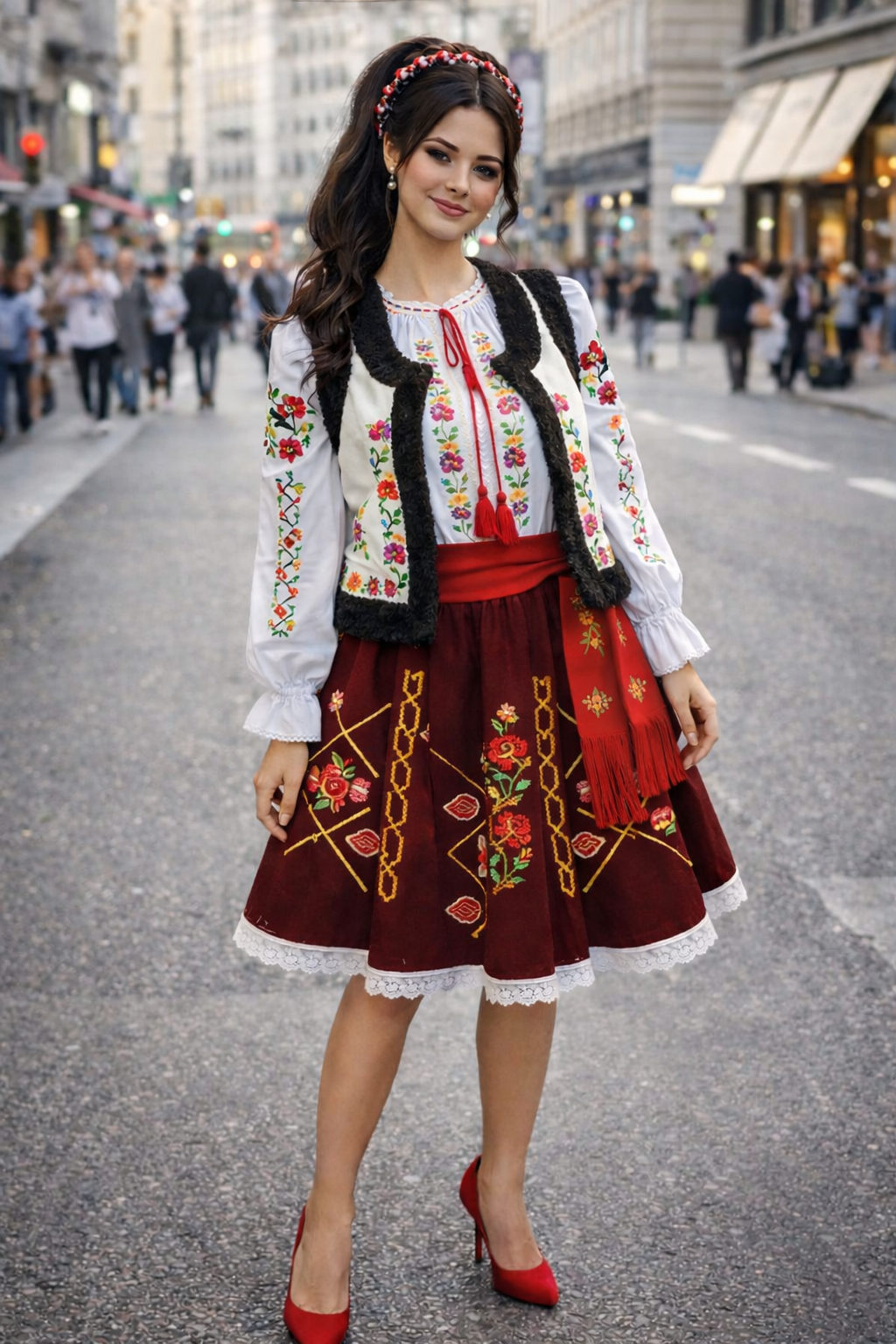 Moldovan women's folk costume, black vest, red skirt floral border, BUDJAKFOLK