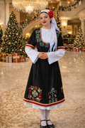 Bulgarian Thracian women's folk costume, burgundy long vest ornamental trim silver coins, BUDJAKFOLK