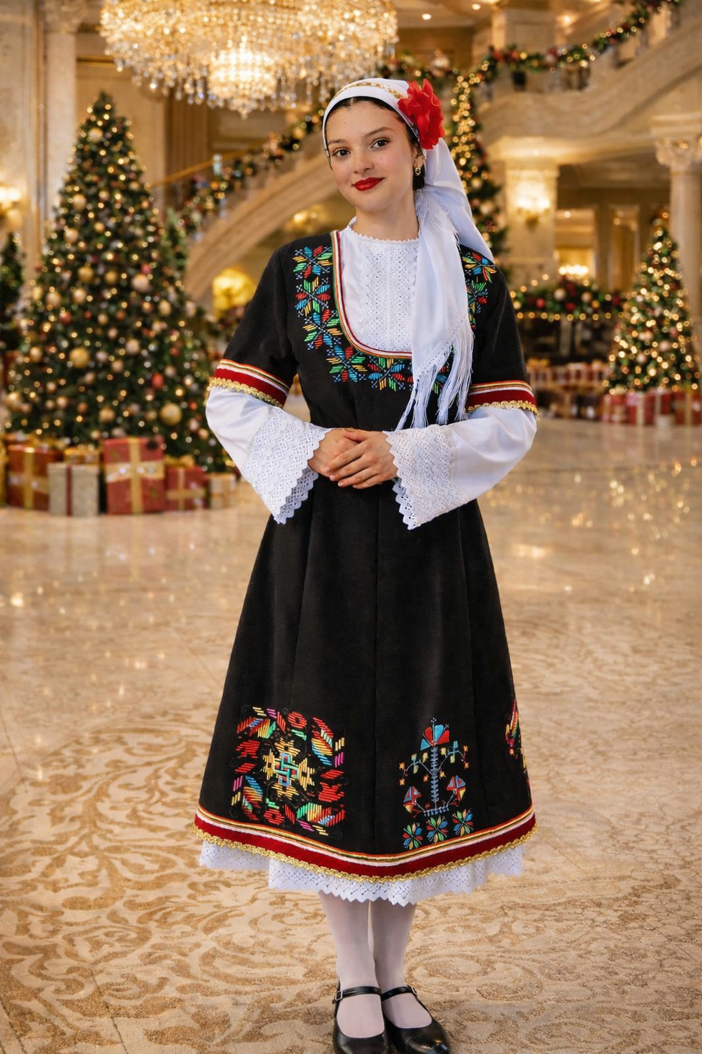 Bulgarian Thracian women's folk costume, burgundy long vest ornamental trim silver coins, BUDJAKFOLK