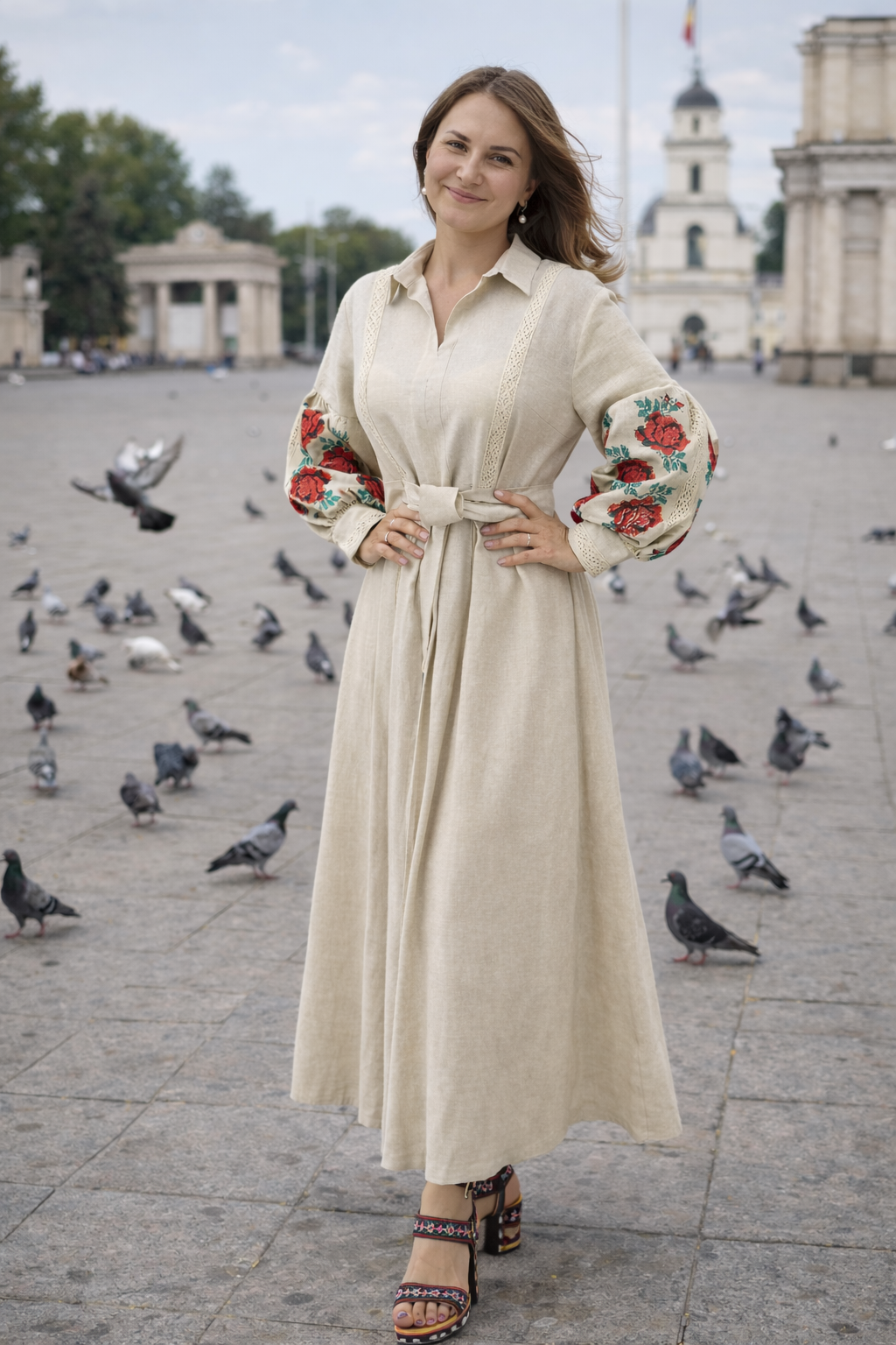 Modern ethnic linen dress natural beige red rose embroidery BUDJAKFOLK