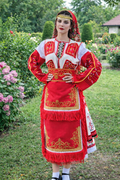 Bulgarian Pirinska folk costume red gold fringe apron, BUDJAKFOLK crafted